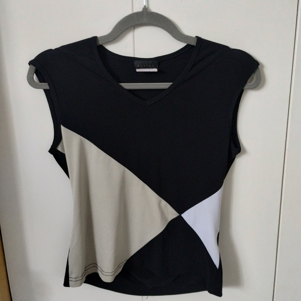 Women's Black Sleeveless Colorblock Tank Top with Beige and White Panels